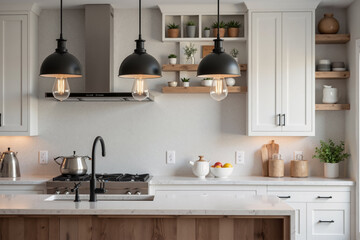 Modern Kitchen Interior with Pendant Lighting and Open Shelving