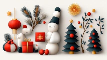 Colorful and cozy Christmas scene with a smiling snowman red and white ornaments decorated Christmas trees and various holiday decor elements like gift boxes candles and stars