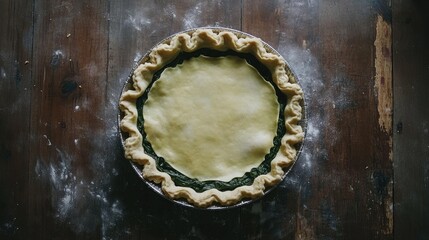 Fototapeta premium Savory Spinach and Egg Pie with Minimalist Crust Design on Rustic Wooden Surface