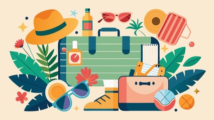 A colorful illustration of a suitcase with various items such as a hat