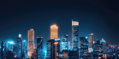 Electricity battery demand concept. A stunning nighttime cityscape featuring illuminated skyscrapers against a dark sky, showcasing modern architecture and vibrant urban life.