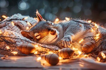 Obraz premium Sleepy squirrel wrapped in holiday lights with acorns cozy indoor setting nature photography soft lighting peaceful atmosphere for seo impact