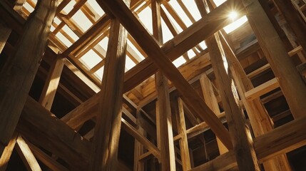 Wooden framework of a construction site illuminated by sunlight, showcasing intricate carpentry and progress in building design.