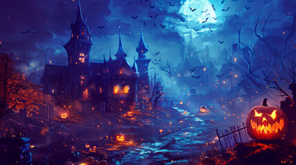 Halloween night with glowing jack-o'-lanterns in a dark forest.