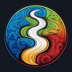 A logo for One Stream, with 5 tributary rivers of different colors, one blue, one green, one red, one yellow, one white, all meeting at one point in the middle, merging into a lumionous river 