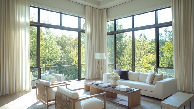 Enhancing home comfort smart home interface with cream curtains and contemporary furniture in a natural environment