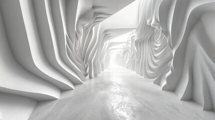 Naklejka premium Abstract White Architectural Tunnel with Curved Geometric Shapes and Flowing Lines Creating Surreal Perspective, Modern Minimalist Design Background