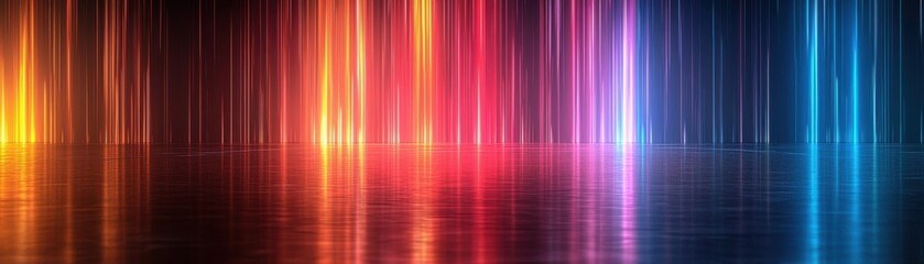 A vibrant display of colorful vertical lines reflecting on a smooth surface, creating a dynamic and energetic atmosphere.