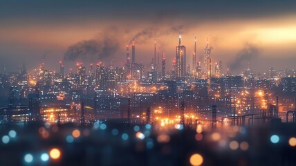 Naklejka premium Energy Stock Growth Concept, Urban industrial skyline at sunset.
