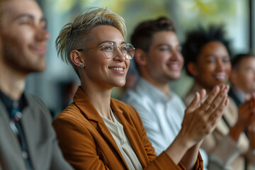 Diverse Group of Business Professionals Applauding in a Meeting Setting