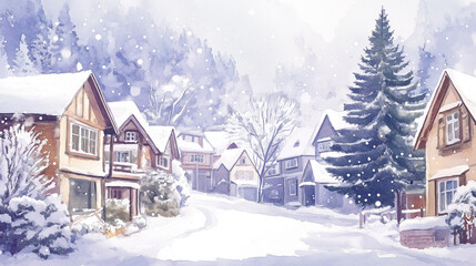 Fototapeta premium Watercolor Christmas village with colorful houses and snow covered street.