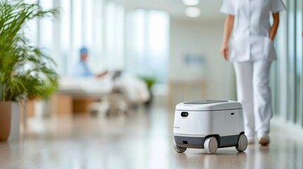 Fototapeta premium Autonomous robotic delivery system operating in a modern warehouse environment