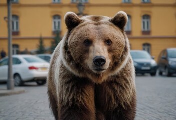 Fototapeta premium A large brown bear is leisurely walking down a bustling city street