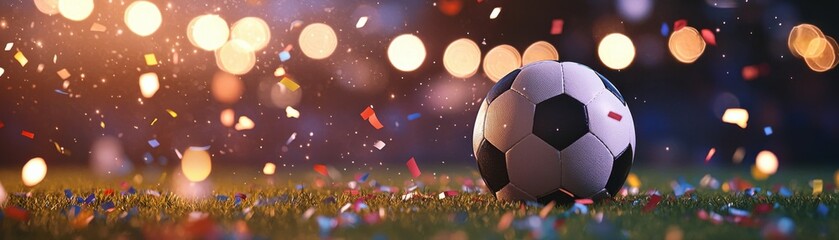 Naklejka premium A glowing soccer ball on a grassy field, surrounded by colorful bokeh lights, creating a festive and vibrant atmosphere.