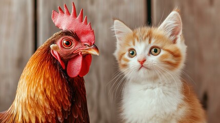 Fototapeta premium A hen and a kitten share a cozy space. AI.