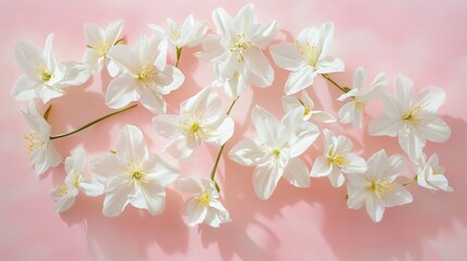98.A beautiful flat lay of white flowers with striking yellow stamens scattered across a pastel pink background, with soft shadows and light reflections adding depth to the otherwise simple