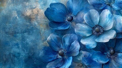 74.Elegant blue flowers in full bloom, their vibrant petals arranged in a textured, layered composition. The subtle variation in blue tones and the soft lighting create a tranquil, calming floral