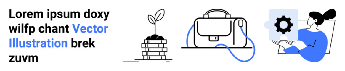 Business growth concept. Plant growing from coins, briefcase with connected cord, woman holding document with gear. Ideal for business, startup, marketing, finance, innovation, planning, management