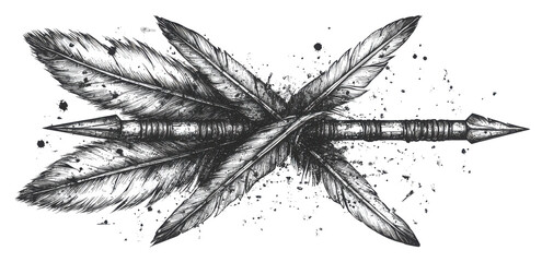 Obraz premium Arrow with Feathers Tribal Design Hand Drawn Ink Black and White Native American Graphic Design