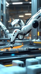 Fototapeta premium Robotic arms assembling components in a modern industrial setting.