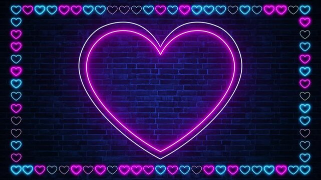 heart frame neon lights on brick wall valentines day love and romantic motion background,pink and blue hearts copy space celebration and sale design element