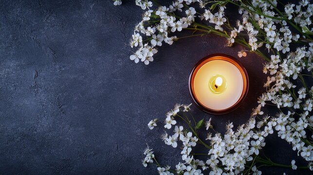 18.Softly glowing candle with a warm flame, placed among serene white flowers on a dark background, the surrounding space subtly inviting space for text, making it suitable for funeral or obituary
