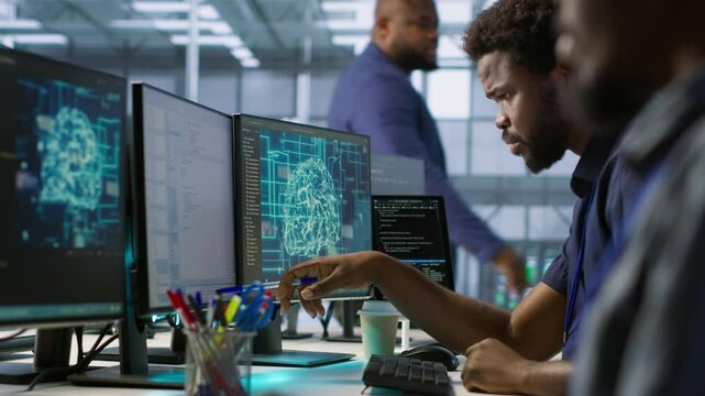 Machine learning expert in data center maintaining company network infrastructure. Worker using artificial intelligence server hub to ensure optimal system performance, camera A