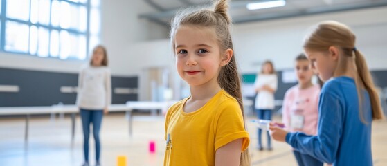 Obraz premium Girl smiles at camera during indoor kids activity.