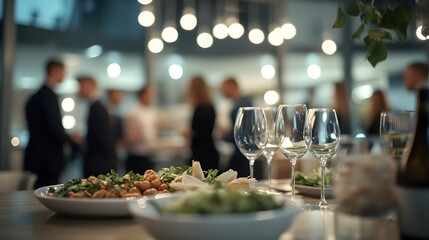 Business event in an office with a crowd of employees. Food and drink in a meeting or conference room with business people in the background. Blurred shot of business people at a party in the office