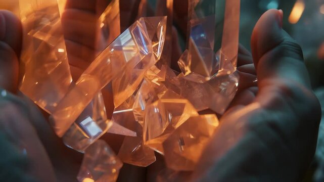 A hand holding a cluster of glowing transparent crystals. Concept of wonder, energy radiating, auras, sacred geometry, cosmic symbols.