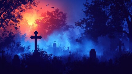 Fototapeta premium Mysterious moonlit cemetery scene with eerie fog and silhouetted trees