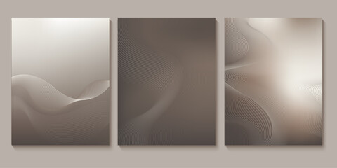 Set of chic elegant cards in grey, beige shades. Silver metallic lines, waves. Geometric pattern. Cover, packaging, business template. Frame for branding, logo, invitation. Gradient mesh.