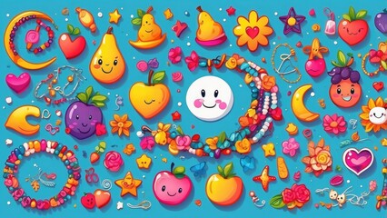 Brightly colored friendship bracelets composed of colorful beads and whimsical charms such as flowers and the moon, fruits and stars, hearts and smiles. A lively and entertaining set of cartoon vector