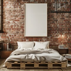 A modern. minimalist bedroom with a pallet bed. brick wall. and a large blank poster frame above the bed The bed is unmade with white sheets and pillows The room is lit by natural light coming through