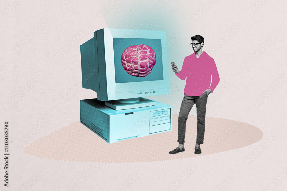 Aufkleber composite photo collage of happy man hold phone brain organ computer monitor gpt chat helper app inn