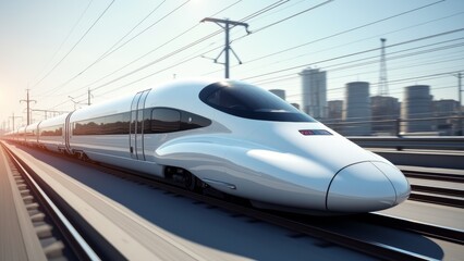 Fototapeta premium High-speed Train Travels Along Tracks in an Urban Landscape During Bright Daylight