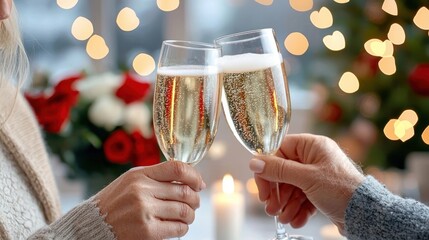 Champagne with Sparkling Glasses and Festive Lights  Two hands holding champagne flutes making a toast against a background of warm cozy holiday lights and A festive romantic