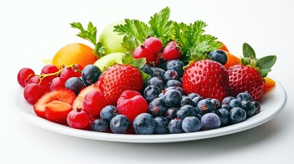 Obraz premium Colorful assortment of fresh fruits including strawberries, blueberries, cherries, and greens arranged on a white plate, promoting healthy eating during fasting periods and enhancing well-being.