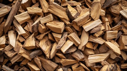 Wood chips stacked in a close-up view, showcasing various sizes and textures, used as biomass for renewable energy generation.