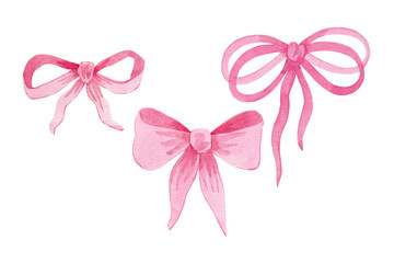 Watercolor pink bows set with hearts, can use for print, poster, postcard, invitation, greeting card, packaging design, textile, stickers, element design. Hand drawn bows illustration.