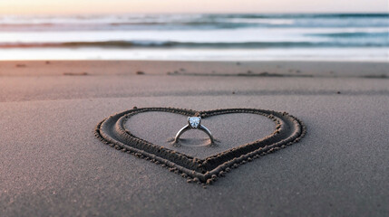Elegant beach proposal scene with a diamond ring placed in a heart-shaped design in the sand
