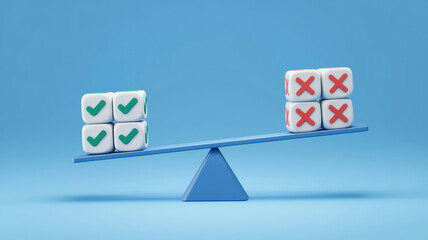Pros and cons on scales. Risk planning. Advantages and disadvantages. Evaluating possible profit and losses. Pluses and minuses for questions. Make a choice despite on benefits and drawbacks.