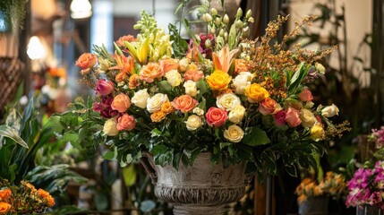Colorful assortment of roses and lilies arranged in an elegant decorative pot with lush greenery, creating a vibrant floral display.