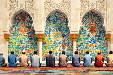 Colorful Mosque Interior with Kneeling Figures