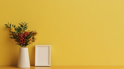 Bright and Cheerful Home Decor Featuring a Modern Vase with Colorful Flowers Against a Vibrant Yellow Wall and a Blank Frame for Personal Touches