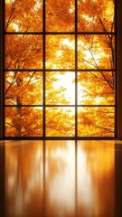 A serene window view showcasing vibrant autumn foliage, creating a warm, inviting atmosphere with golden sunlight streaming in.