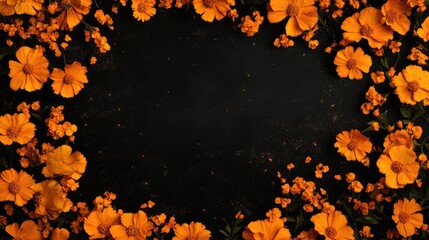 Marigold flower garlands on a black background, designed for Day of the Dead or Halloween themes, featuring ample space for text and creative projects.