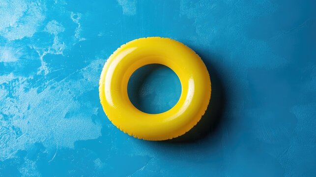 Bright yellow pool float ring resting on a vibrant blue swimming pool surface captured from a flat lay perspective, showcasing summer vibes and relaxation.
