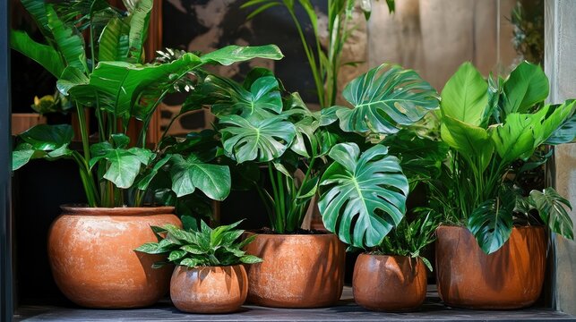 Lush green Monstera Adansonii and other tropical foliage arranged in various terracotta planters, showcasing vibrant leaves and natural beauty.
