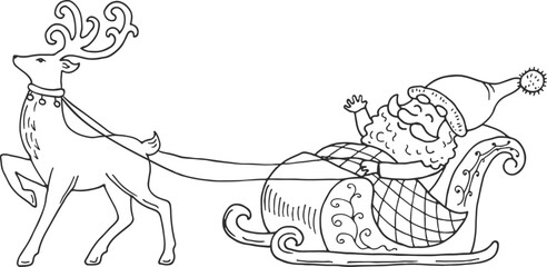 Santa riding on deer sleigh black line drawing